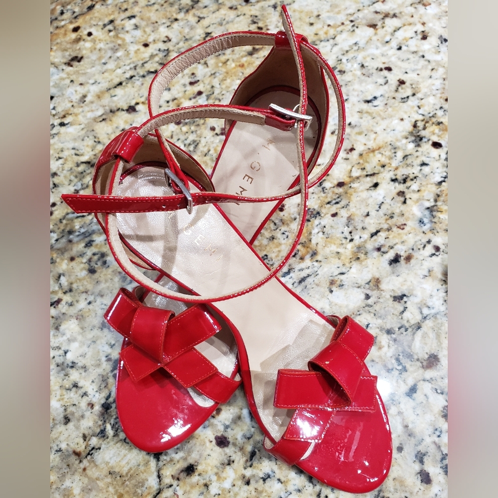 M. Gemi Bright Cherry Red Ankle Strap Sandals Size 41 (~US 10.5) Party Bow Heels - Picture 2 of 2